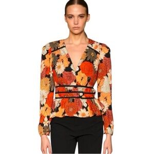 Listicle Vibrant Colors Floral V-Neck Blouse, Ruched Waist, Side ties, M
